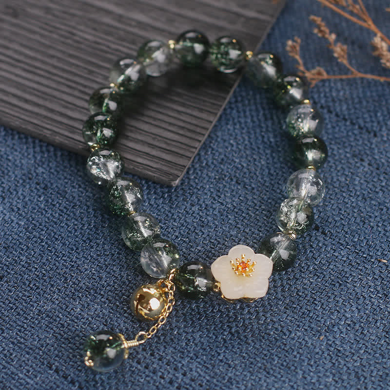 Buddha Stones Green Phantom White Jade Flower Charm Wealth Bracelet - image 10