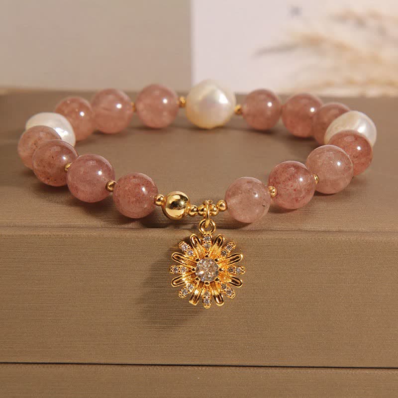 Buddha Stones Strawberry Quartz Pearl Daisy Love Bracelet - Pearl Daisy Flower(Wrist Circumference: 5.91-6.29  in / 15-16cm) - image 9