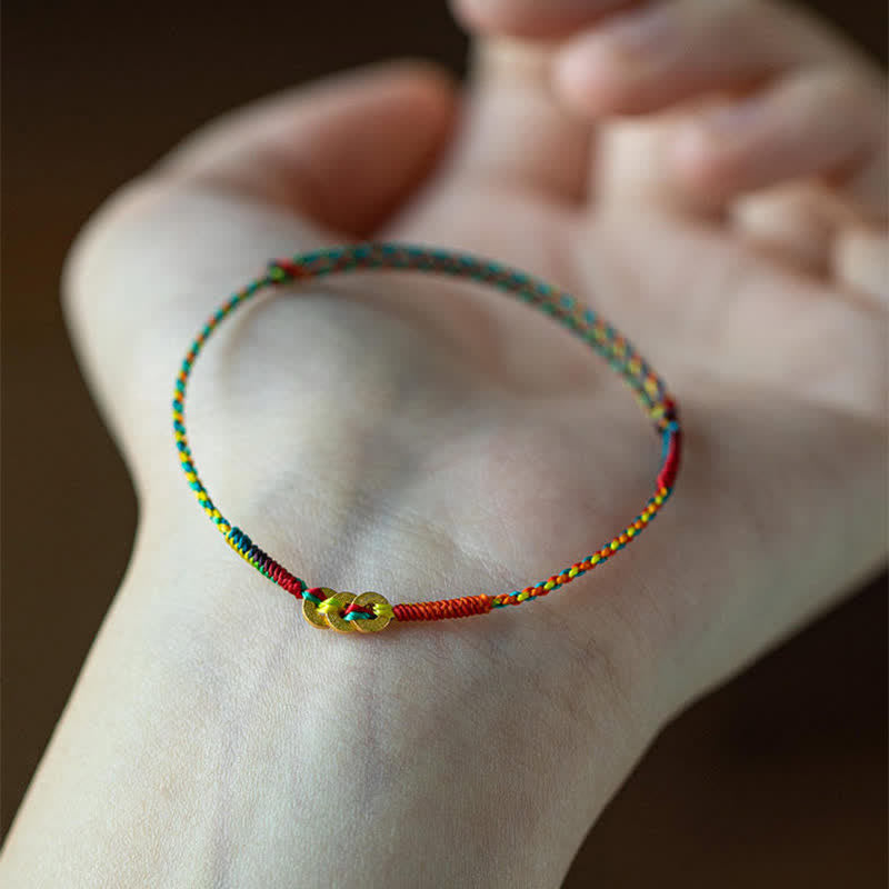Buddha Stones Copper Coins Hand-Woven Red Multicolor String Luck Bracelet - image 7