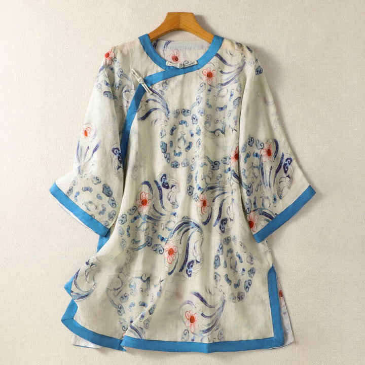 Buddha Stones Summer Tang Style Vintage Frog Button Abstract Women's Long Sleeve Shirts - FloralWhite - US12, UK/AU16, EU44 (2XL) - image 0