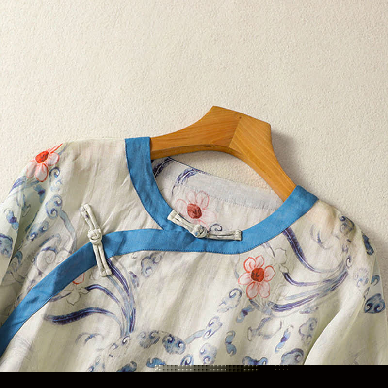 Buddha Stones Summer Tang Style Vintage Frog Button Abstract Women's Long Sleeve Shirts - image 3