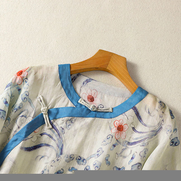 Buddha Stones Summer Tang Style Vintage Frog Button Abstract Women's Long Sleeve Shirts - image 3