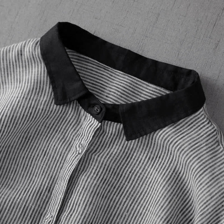 Buddha Stones Summer Casual Tang Style Button-Up Striped Women's Long Sleeve Shirts With Pocket - image 3