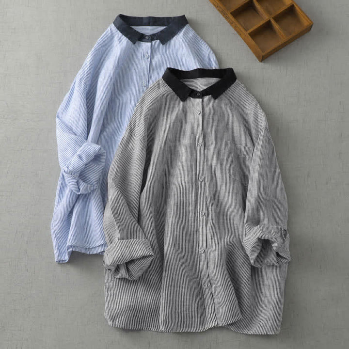 Buddha Stones Summer Casual Tang Style Button-Up Striped Women's Long Sleeve Shirts With Pocket - image 12