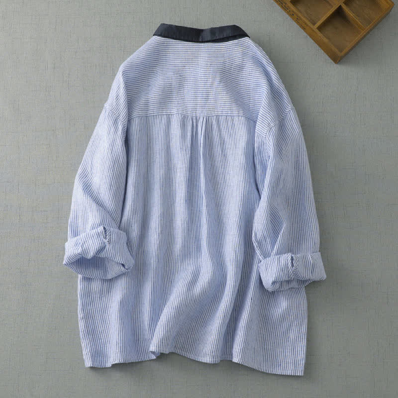 Buddha Stones Summer Casual Tang Style Button-Up Striped Women's Long Sleeve Shirts With Pocket - image 1