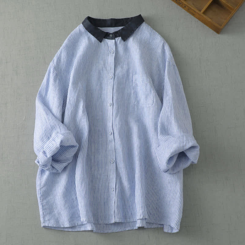 Buddha Stones Summer Casual Tang Style Button-Up Striped Women's Long Sleeve Shirts With Pocket - LightBlue - US8-10, UK/AU12-14, EU40-42 (2XL) - image 0