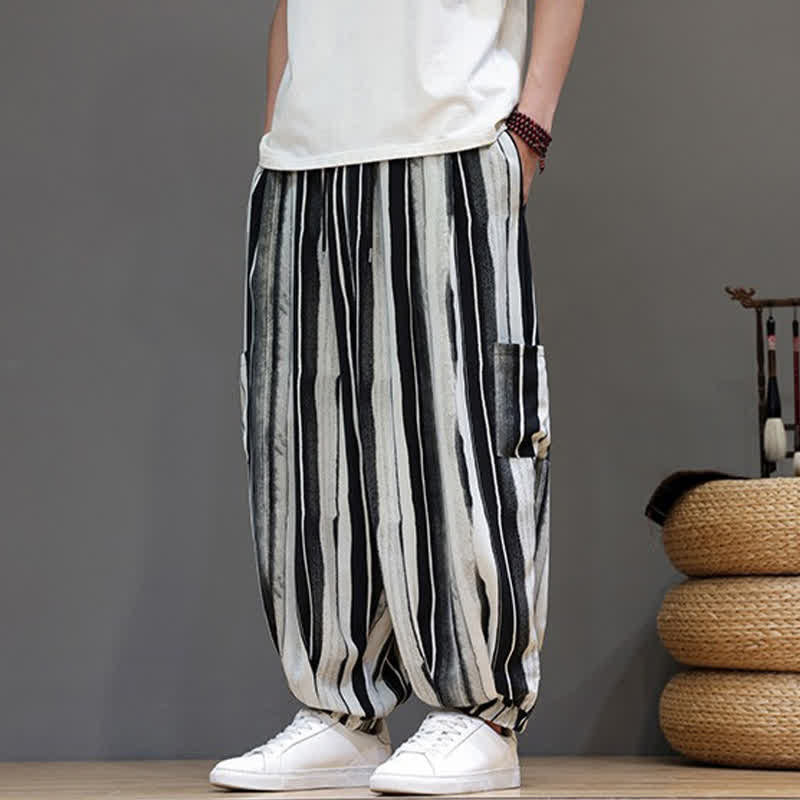 Buddha Stones Summer Casual Boho Patch Pocket Striped Cropped Pants Men's Harem Pants With Pocket - Black - US/UK/AU46, EU56 (5XL) - image 3