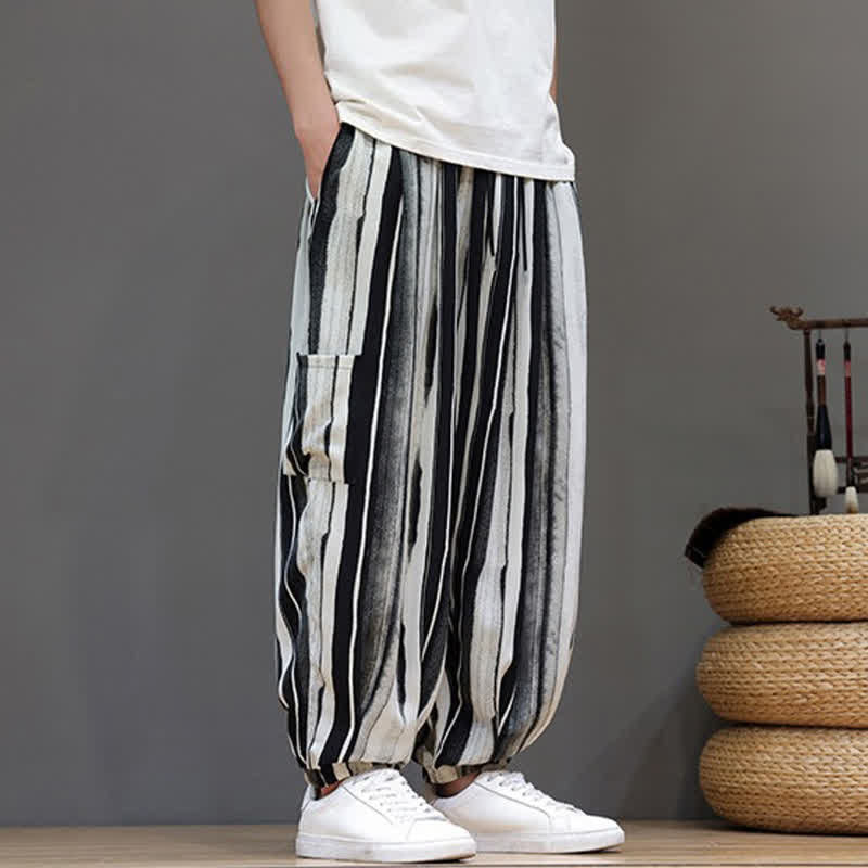 Buddha Stones Summer Casual Boho Patch Pocket Striped Cropped Pants Men's Harem Pants With Pocket - image 6