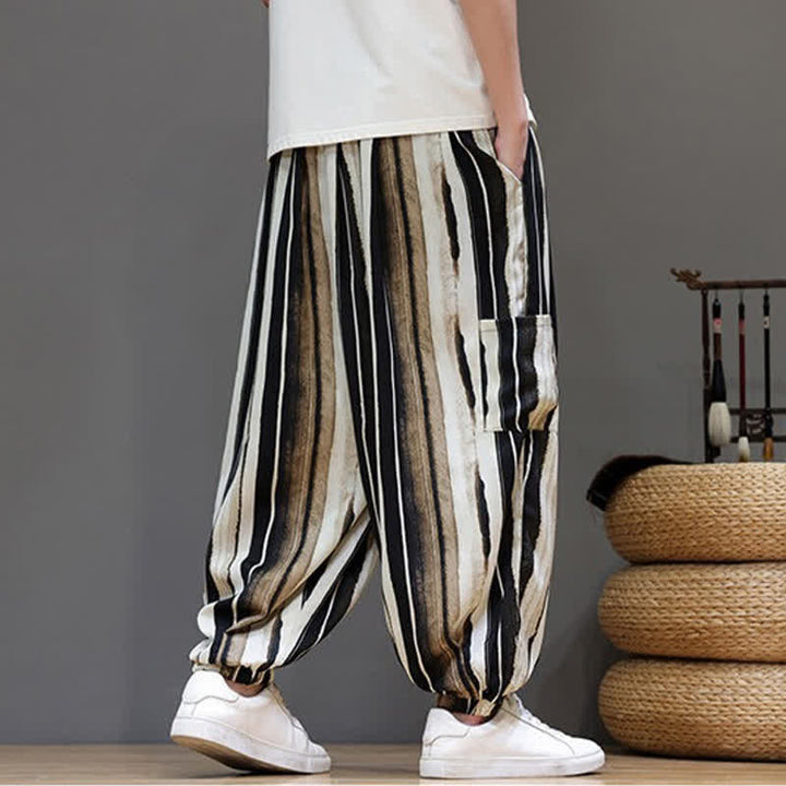 Buddha Stones Summer Casual Boho Patch Pocket Striped Cropped Pants Men's Harem Pants With Pocket - image 17