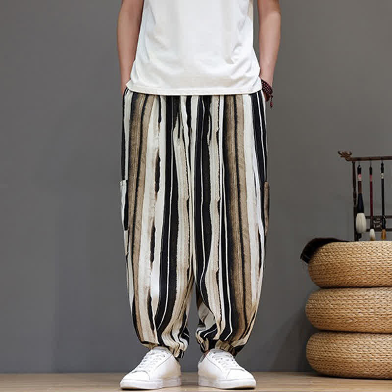 Buddha Stones Summer Casual Boho Patch Pocket Striped Cropped Pants Men's Harem Pants With Pocket - image 9