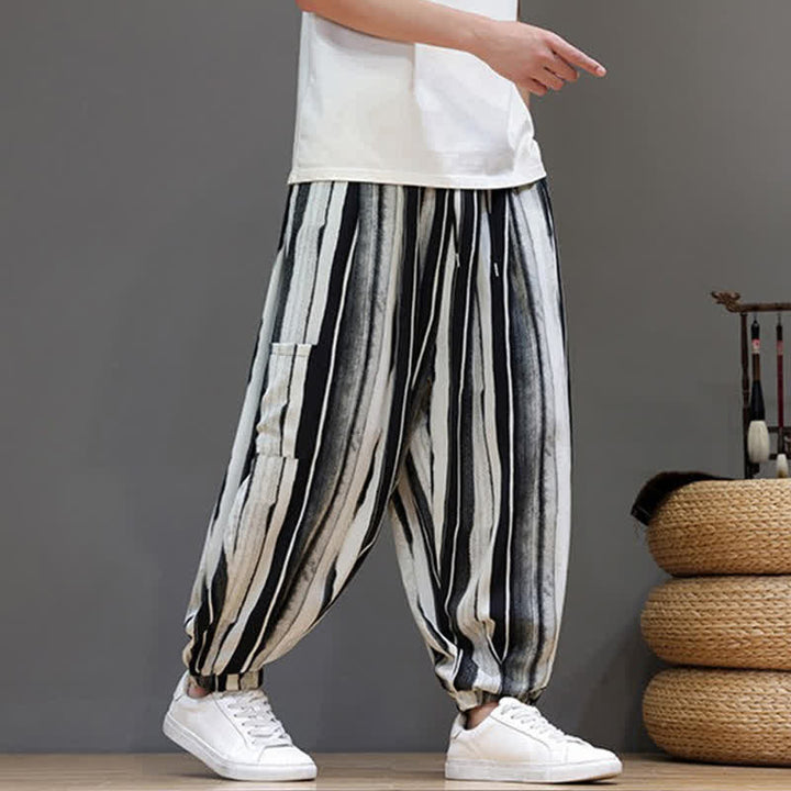 Buddha Stones Summer Casual Boho Patch Pocket Striped Cropped Pants Men's Harem Pants With Pocket - image 7