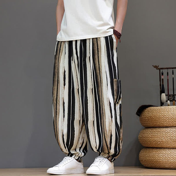 Buddha Stones Summer Casual Boho Patch Pocket Striped Cropped Pants Men's Harem Pants With Pocket - Tan - US/UK/AU46, EU56 (5XL) - image 11