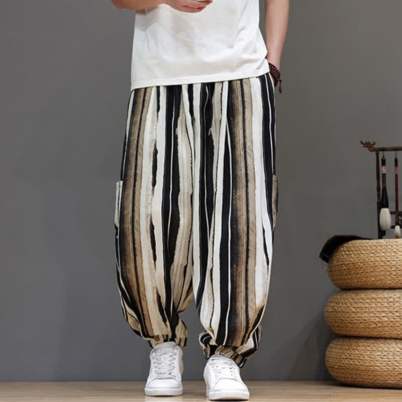 Buddha Stones Summer Casual Boho Patch Pocket Striped Cropped Pants Men's Harem Pants With Pocket - image 10