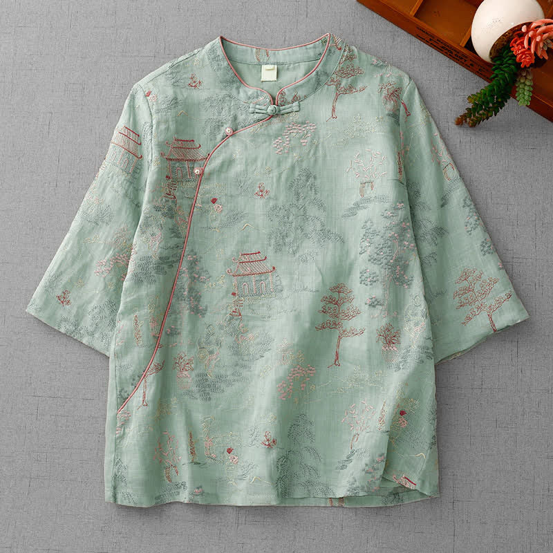 Buddha Stones Summer Tang Style Vintage Mandarin Collar Embroidery Abstract Women's Short Sleeve Shirts - DarkSeaGreen - US8-10, UK/AU12-14, EU40-42 (2XL) - image 0