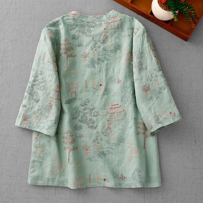 Buddha Stones Summer Tang Style Vintage Mandarin Collar Embroidery Abstract Women's Short Sleeve Shirts - image 1