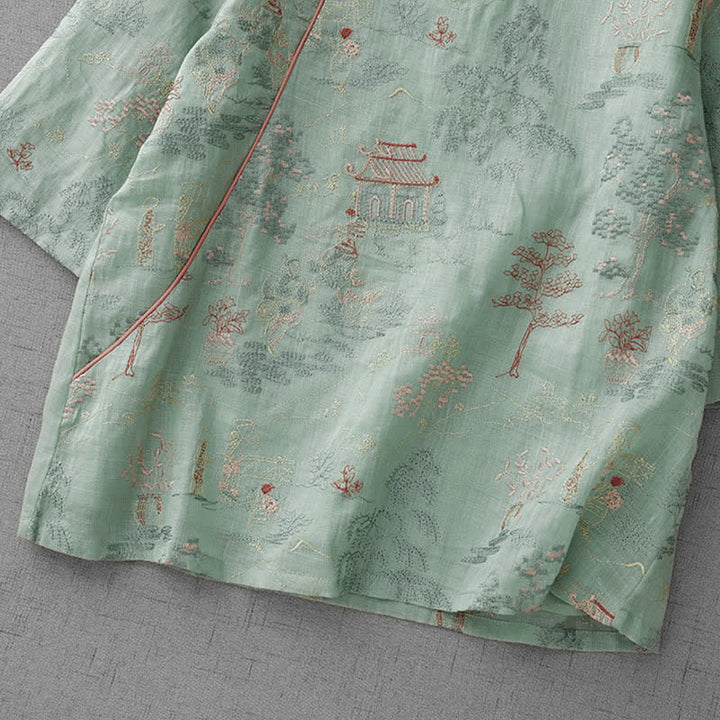 Buddha Stones Summer Tang Style Vintage Mandarin Collar Embroidery Abstract Women's Short Sleeve Shirts - image 6