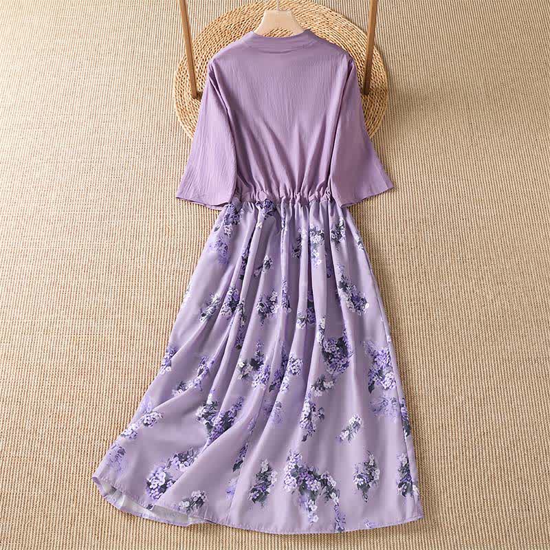 Buddha Stones Summer Casual Elegant Drawstring Floral Women's Short Sleeve Dresses With Pocket - image 1