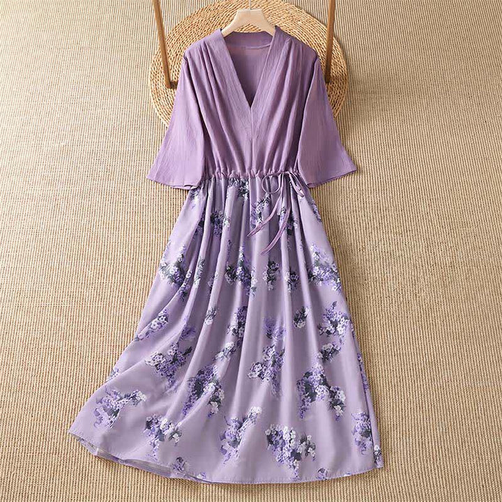 Buddha Stones Summer Casual Elegant Drawstring Floral Women's Short Sleeve Dresses With Pocket - Thistle - US12, UK/AU16, EU44 (2XL) - image 0