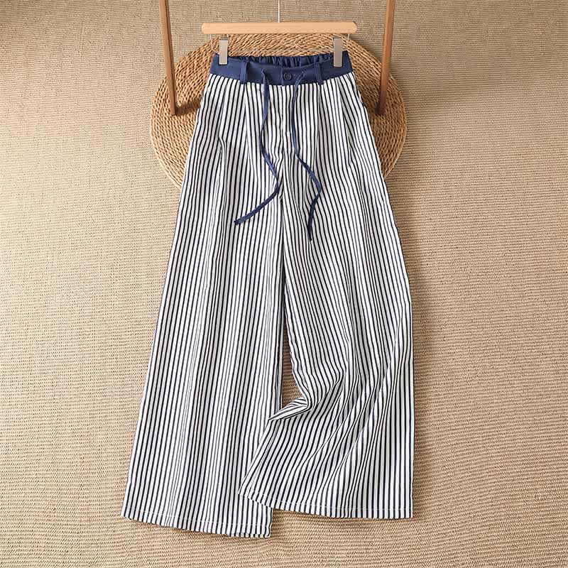 Buddha Stones Summer Casual Drawstring Striped Long Pants Women's Wide Leg Pants With Pocket - DarkBlue - US8-10, UK/AU12-14, EU40-42 (2XL) - image 0