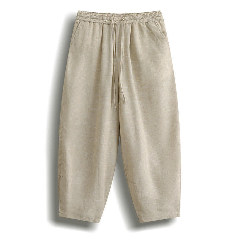 Buddha Stones Summer Casual Minimalist Drawstring Solid Cropped Pants Men's Harem Pants With Pocket - Beige - US/UK/AU46, EU56 (5XL) - image 2