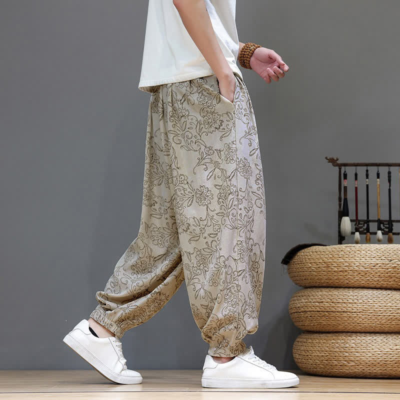 Buddha Stones Summer Casual Vintage Drawstring Floral Ankle Pants Men's Harem Pants With Pocket - image 5