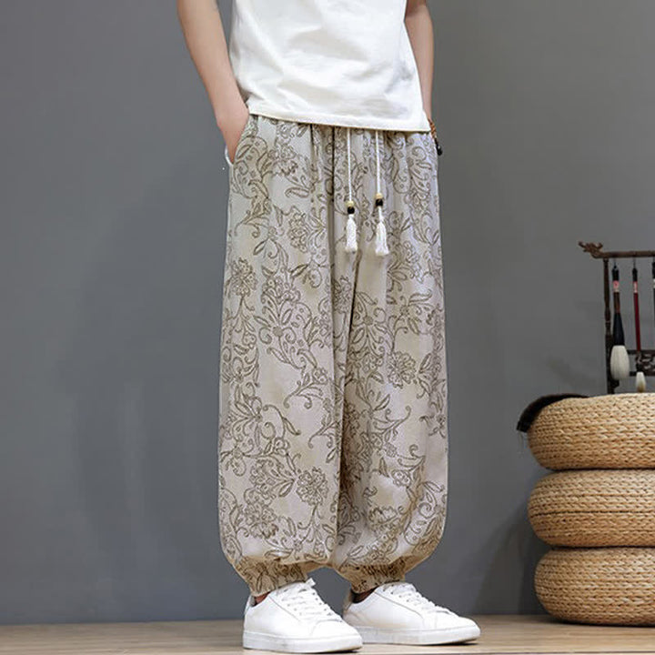 Buddha Stones Summer Casual Vintage Drawstring Floral Ankle Pants Men's Harem Pants With Pocket - image 3