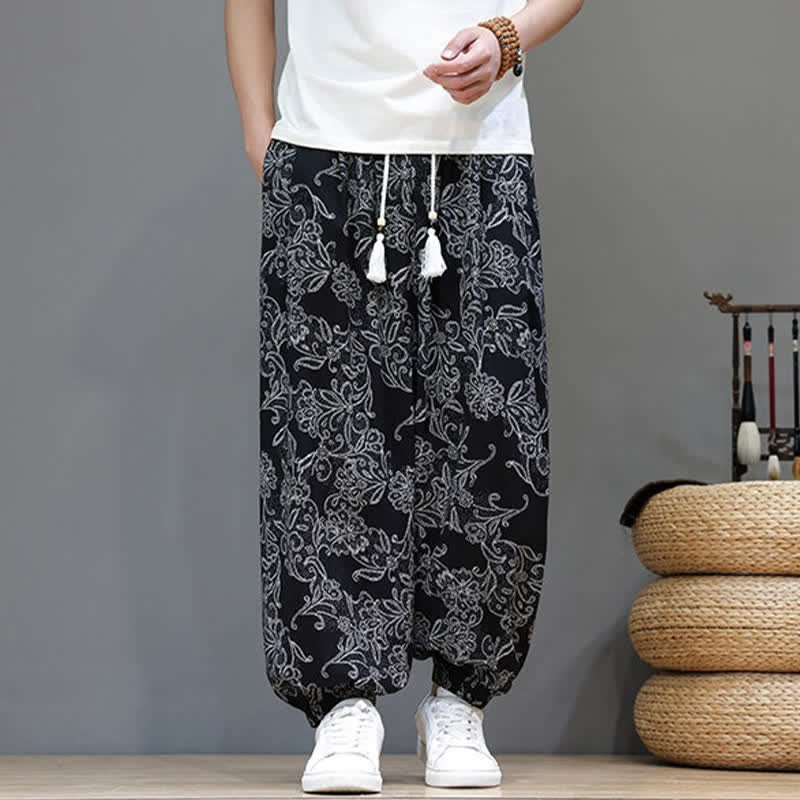 Buddha Stones Summer Casual Vintage Drawstring Floral Ankle Pants Men's Harem Pants With Pocket - image 13