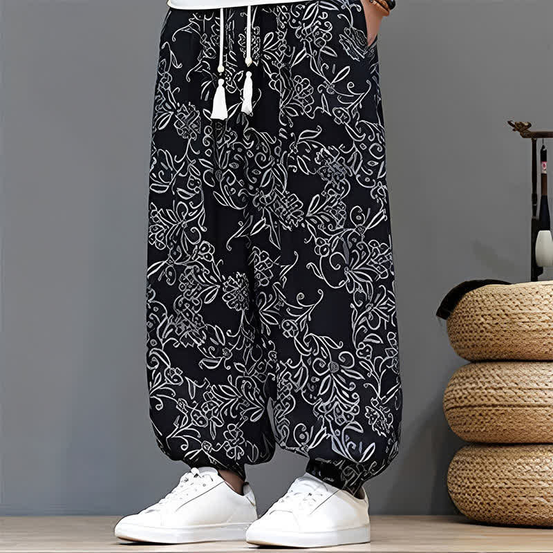 Buddha Stones Summer Casual Vintage Drawstring Floral Ankle Pants Men's Harem Pants With Pocket - image 19