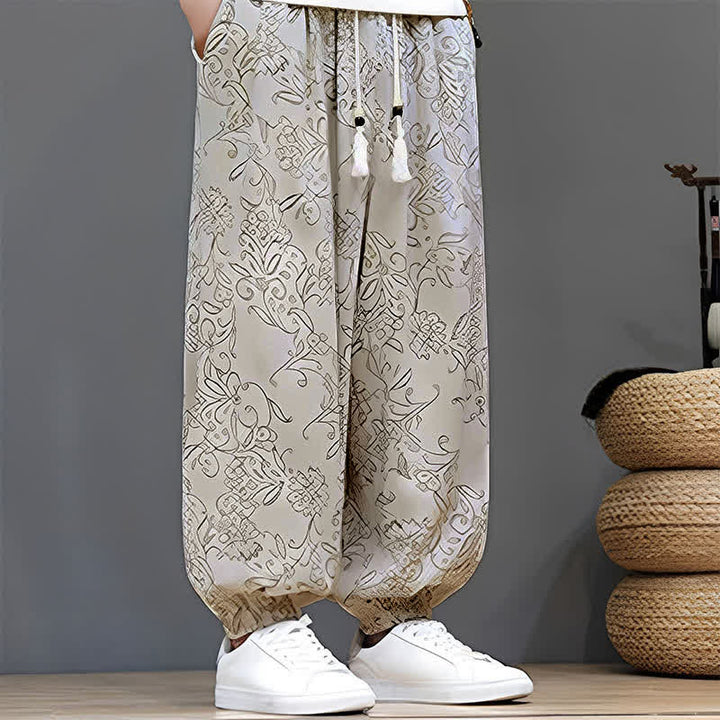 Buddha Stones Summer Casual Vintage Drawstring Floral Ankle Pants Men's Harem Pants With Pocket - image 9