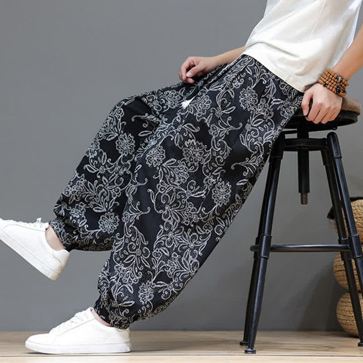 Buddha Stones Summer Casual Vintage Drawstring Floral Ankle Pants Men's Harem Pants With Pocket - image 20
