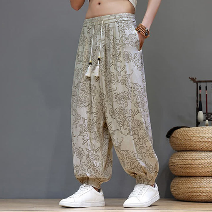 Buddha Stones Summer Casual Vintage Drawstring Floral Ankle Pants Men's Harem Pants With Pocket - image 6