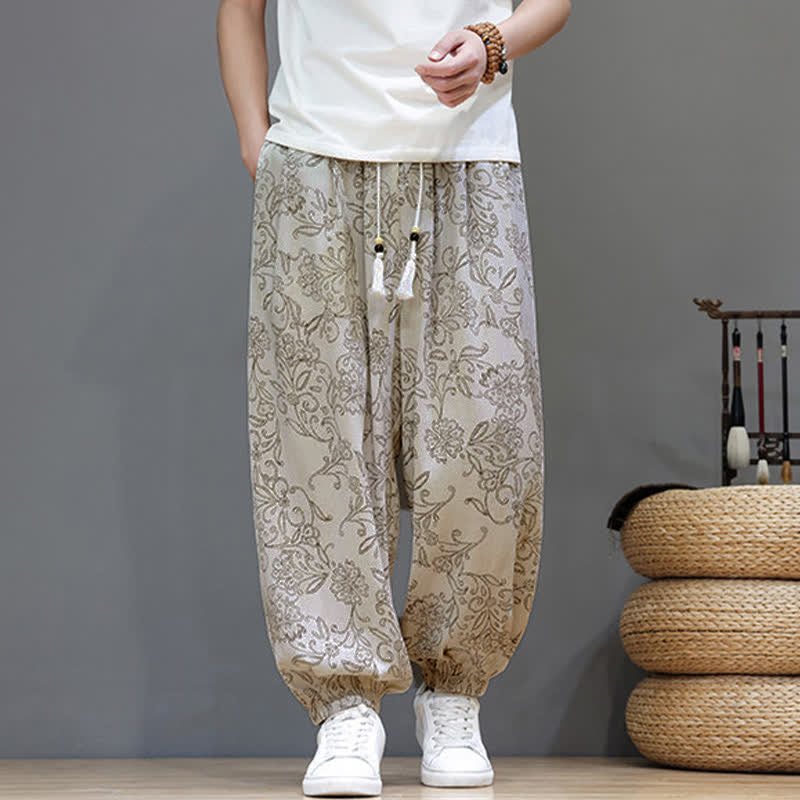 Buddha Stones Summer Casual Vintage Drawstring Floral Ankle Pants Men's Harem Pants With Pocket - image 2