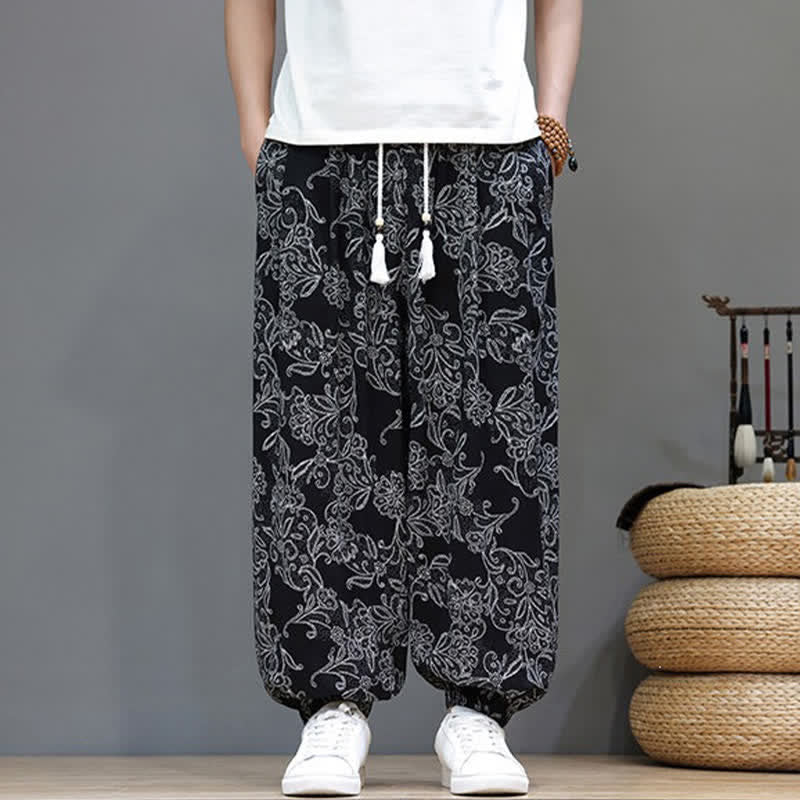 Buddha Stones Summer Casual Vintage Drawstring Floral Ankle Pants Men's Harem Pants With Pocket - image 12