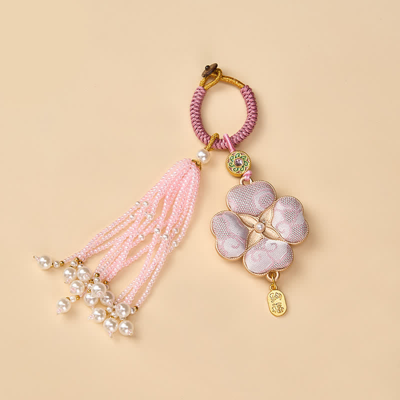 Buddha Stones Song Brocade Four Leaf Clover Fu Character Lucky Fortune Wealth Tassel Keychains - image 7