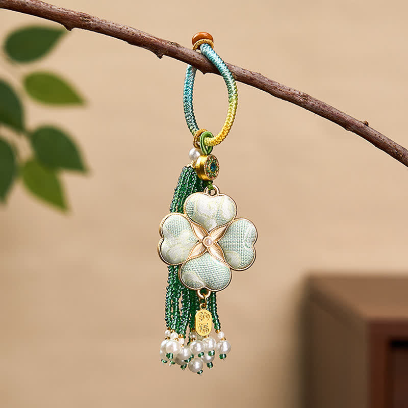 Buddha Stones Song Brocade Four Leaf Clover Fu Character Lucky Fortune Wealth Tassel Keychains - Green - image 0