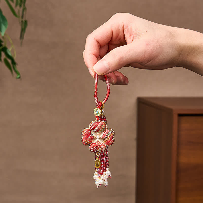 Buddha Stones Song Brocade Four Leaf Clover Fu Character Lucky Fortune Wealth Tassel Keychains - image 12