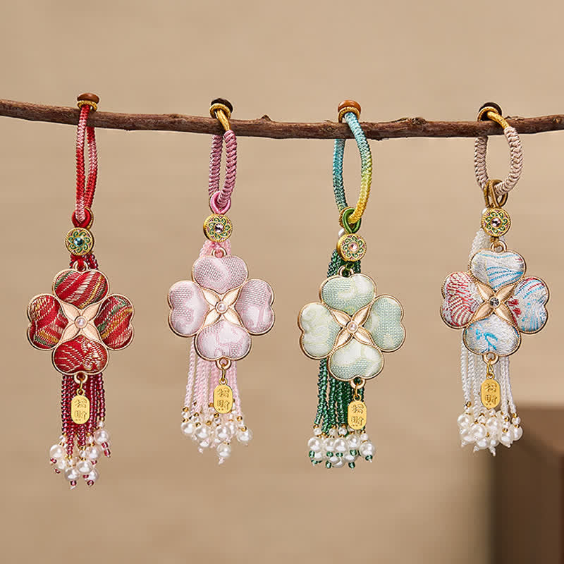 Buddha Stones Song Brocade Four Leaf Clover Fu Character Lucky Fortune Wealth Tassel Keychains - image 18