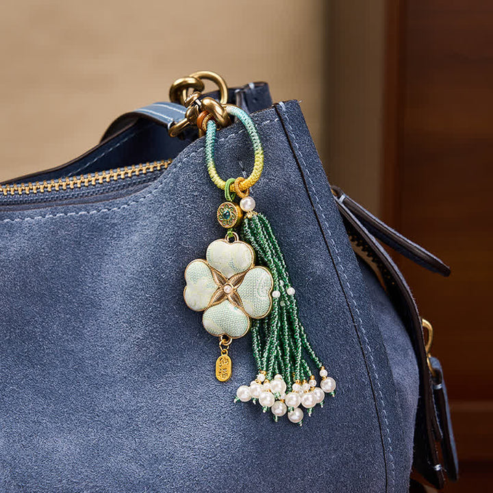 Buddha Stones Song Brocade Four Leaf Clover Fu Character Lucky Fortune Wealth Tassel Keychains - image 3