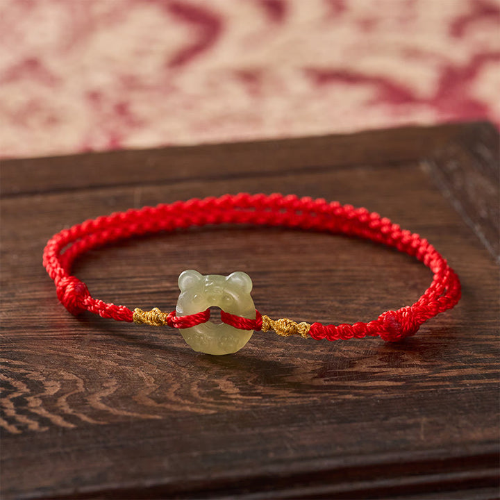 Buddha Stones Jade Tiger-head Peace Buckle Red String Prosperity Bracelet - Natural Jade(Color May Vary) - image 0