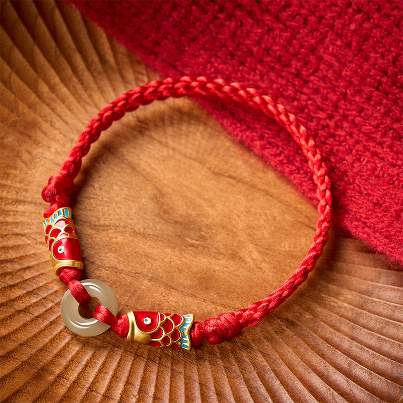 Buddha Stones Hetian Jade Peace Buckle Double Koi Fish Red String Prosperity Bracelet - image 1