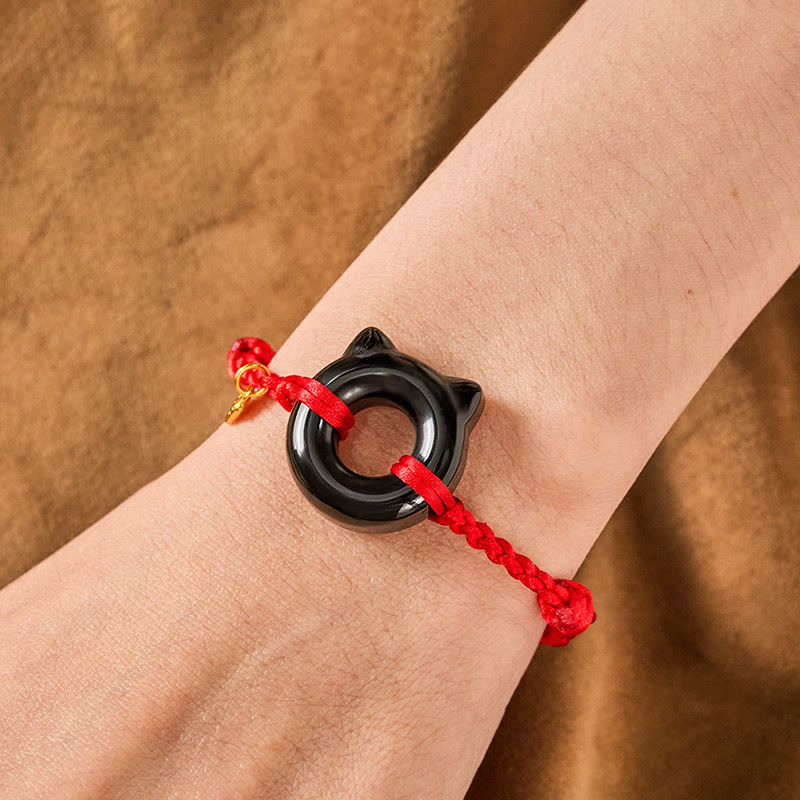 Buddha Stones Black Obsidian Cat Design Peace Buckle Fu Character Red String Protection Braided Bracelet - image 4