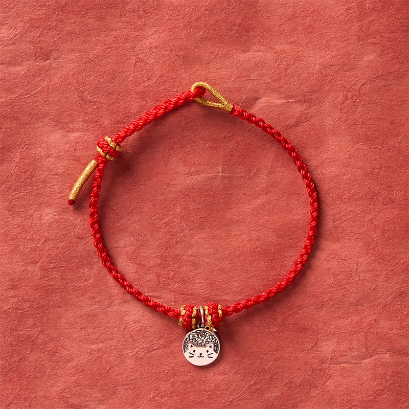 Buddha Stones 925 Sterling Silver Kitten Eating Fish Round Pendant Prosperity Red Black String Braided Bracelet - image 3
