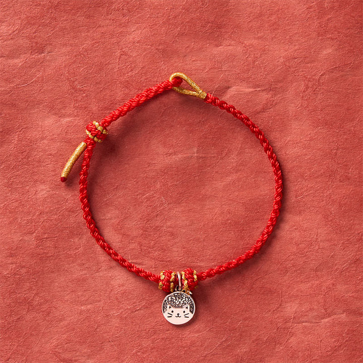 Buddha Stones 925 Sterling Silver Kitten Eating Fish Round Pendant Prosperity Red Black String Braided Bracelet - image 3