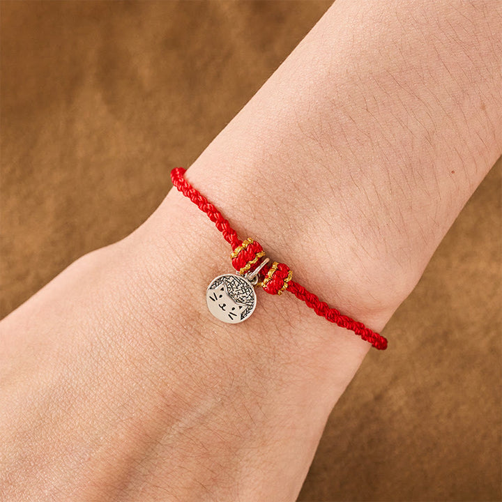 Buddha Stones 925 Sterling Silver Kitten Eating Fish Round Pendant Prosperity Red Black String Braided Bracelet - image 8