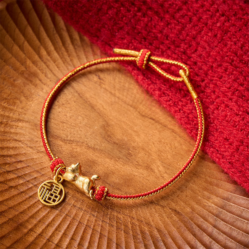 Buddha Stones Lying-Down Cat Fu Character Copper Red String Hand-Woven Prosperity Bracelet - Cat&Fu Character(Wrist Circumference 15–18cm) - image 0