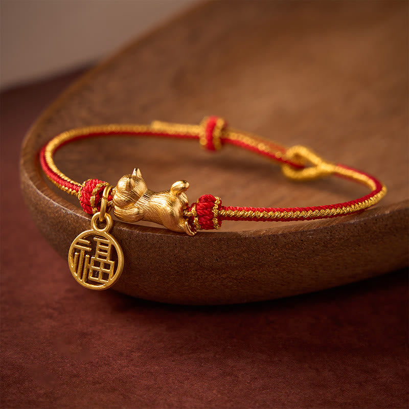 Buddha Stones Lying-Down Cat Fu Character Copper Red String Hand-Woven Prosperity Bracelet - image 1
