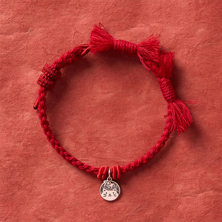 Buddha Stones 925 Sterling Silver Cute Cat Fish Protection Tibet Red String Adjustable Bracelet - image 3