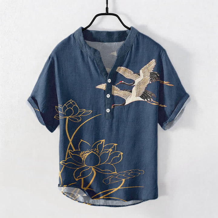 Buddha Stones Cotton Crane Golden Lotus Pattern Men's Short Sleeve Half Button Shirt - SteelBlue - US/UK/AU50，EU60 (5XL) - image 0