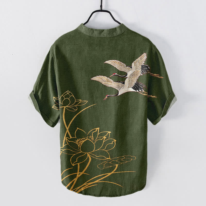 Buddha Stones Cotton Crane Golden Lotus Pattern Men's Short Sleeve Half Button Shirt - image 6