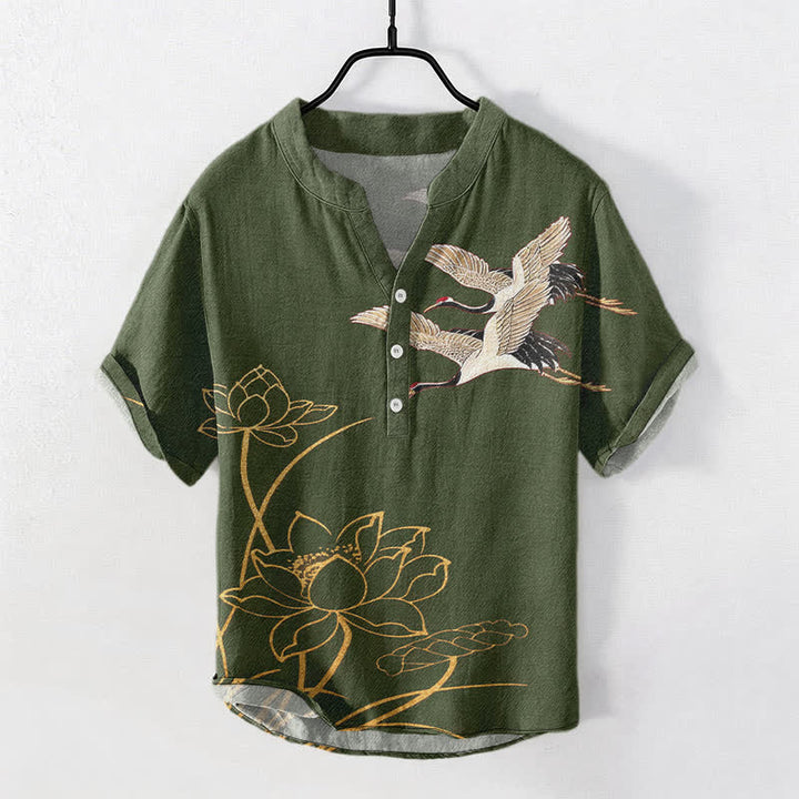 Buddha Stones Cotton Crane Golden Lotus Pattern Men's Short Sleeve Half Button Shirt - OliveDrab - US/UK/AU50，EU60 (5XL) - image 5
